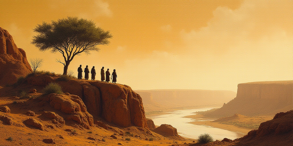 a group of people standing on top of a rocky hillside next to a river and a valley with a few trees,
