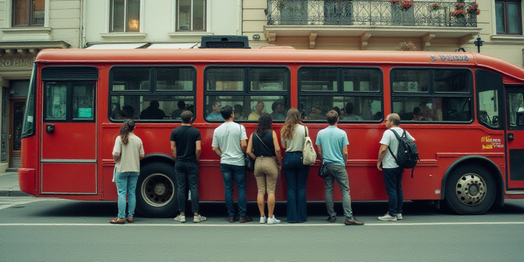 a group of people standing on a bus next to each other on a street corner in front of a building, Ar