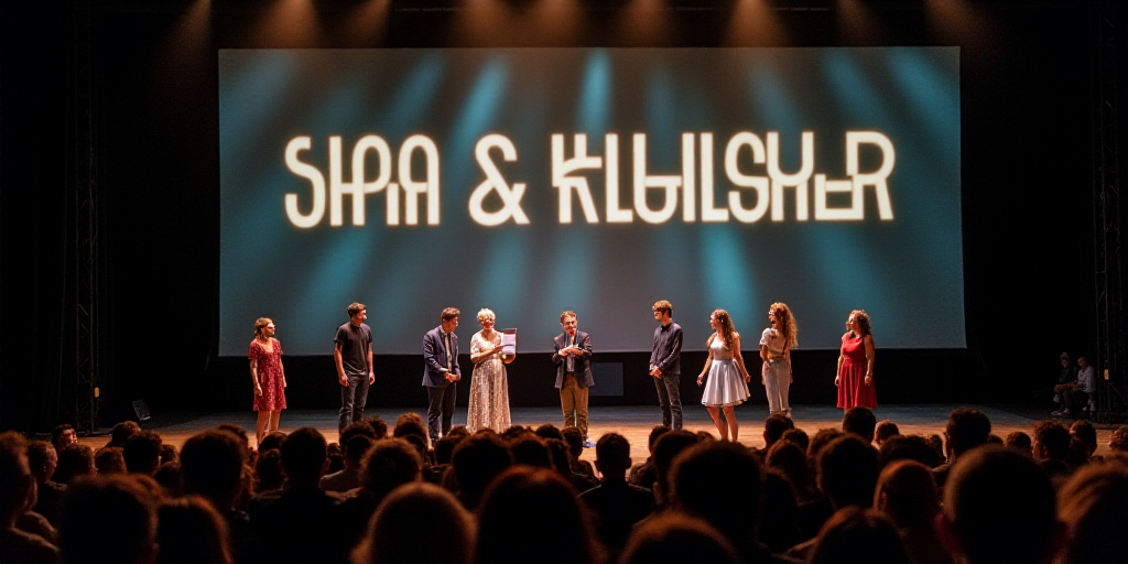 a group of people standing on a stage with a plaque in front of them and a crowd of people behind th