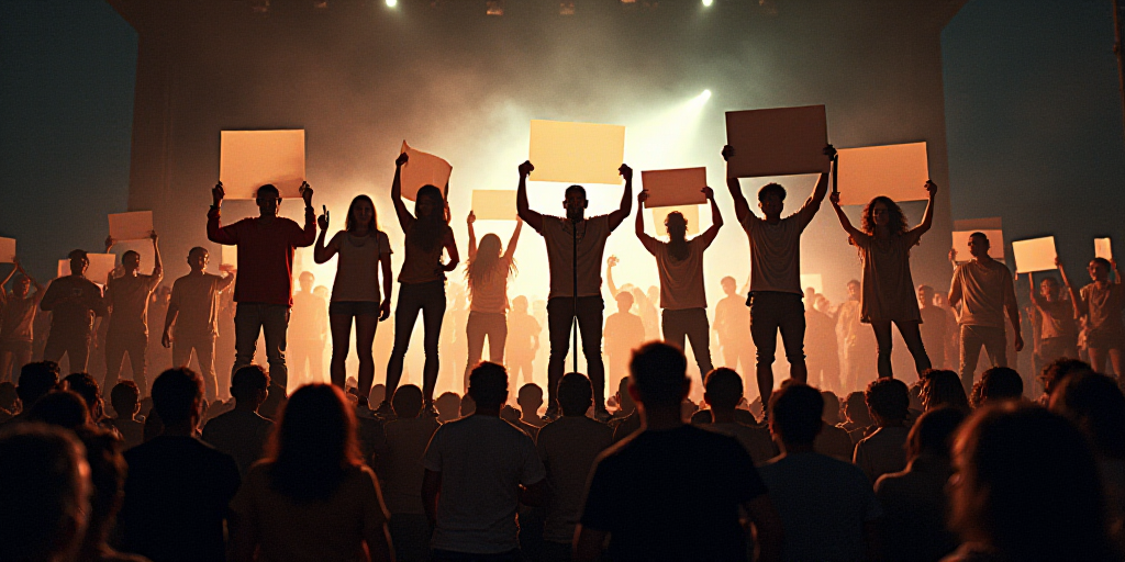 a group of people standing on a stage holding up signs and a microphone in front of them with a crow