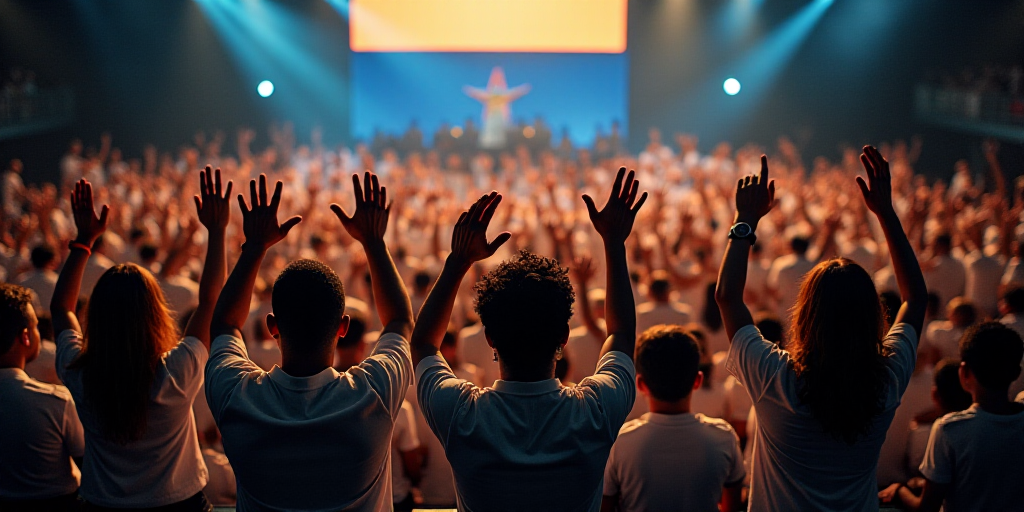 a group of people standing on a stage clapping hands in front of a crowd of people in uniform and in