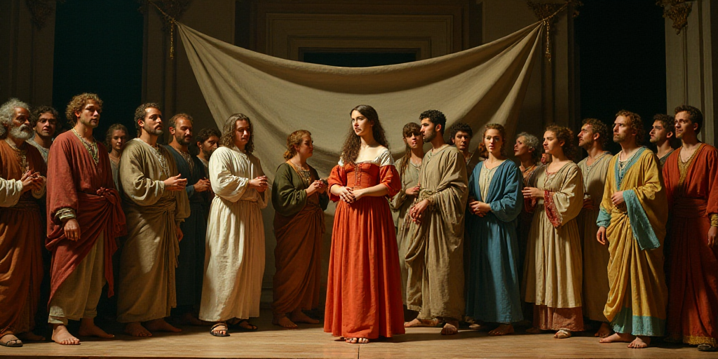 a group of people standing on a stage with a banner behind them and a woman in a dress standing on t