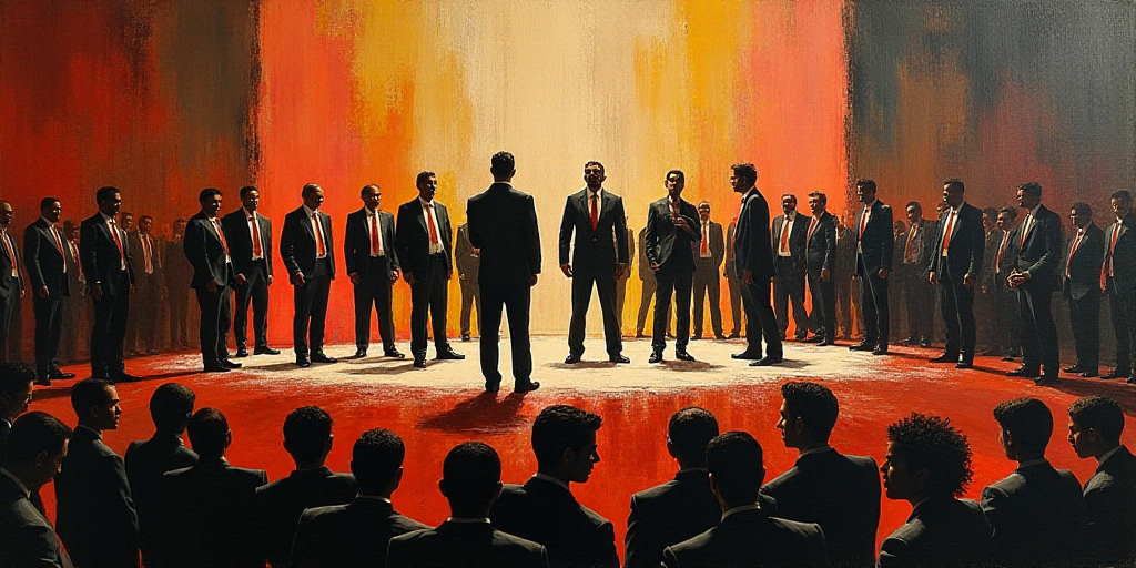 a group of people standing on a stage in front of a crowd of people in suits and ties,, David Alfaro