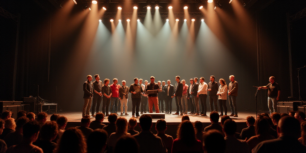 a group of people standing on a stage with a plaque in front of them and a crowd of people behind th