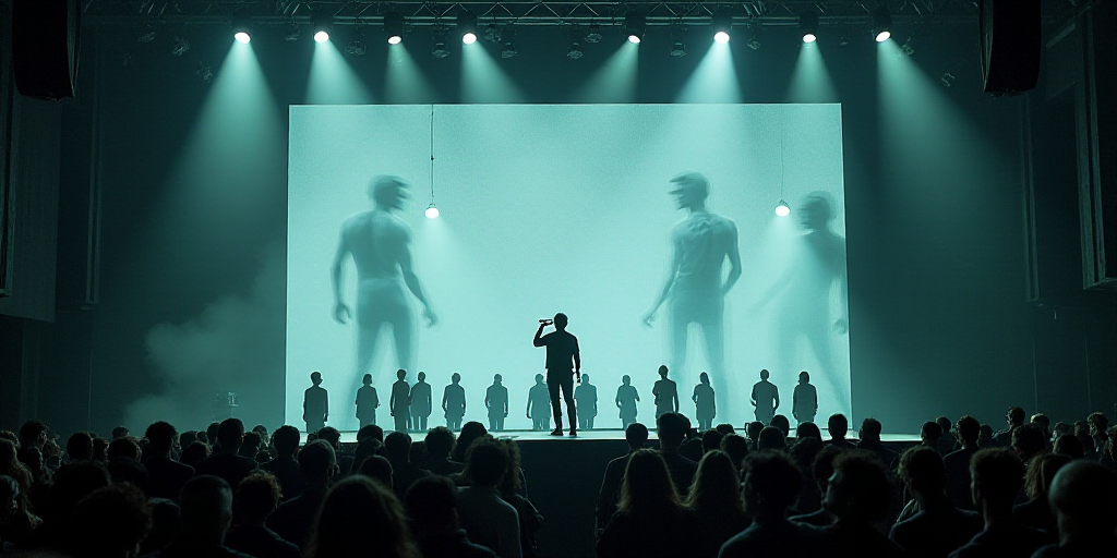 a group of people standing on a stage with a microphone in front of them and a crowd of people behin