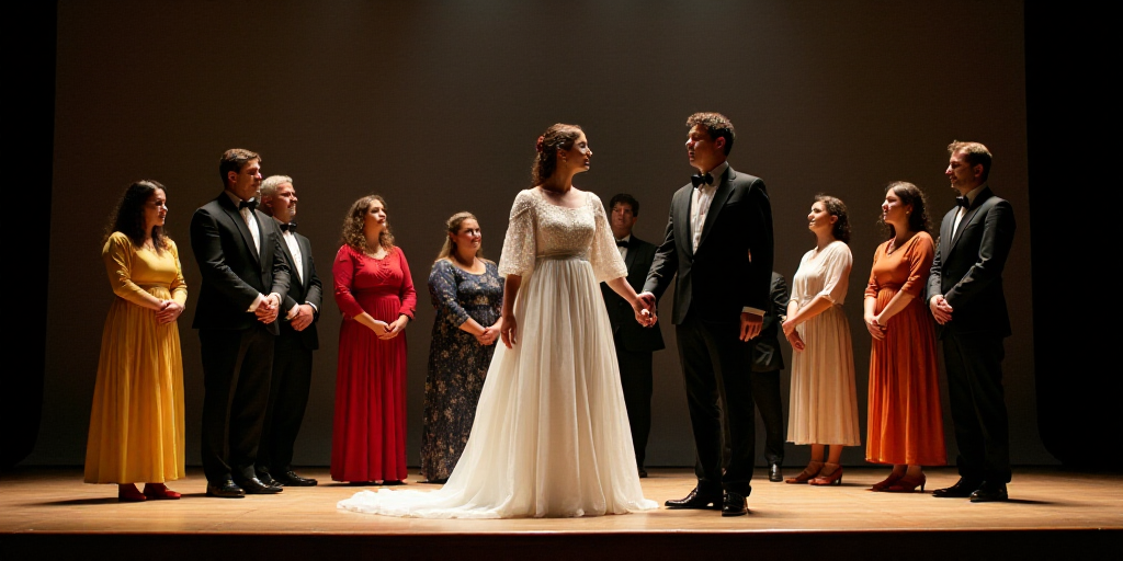 a group of people standing on a stage with a woman in a white dress and a man in a black suit, Cefer