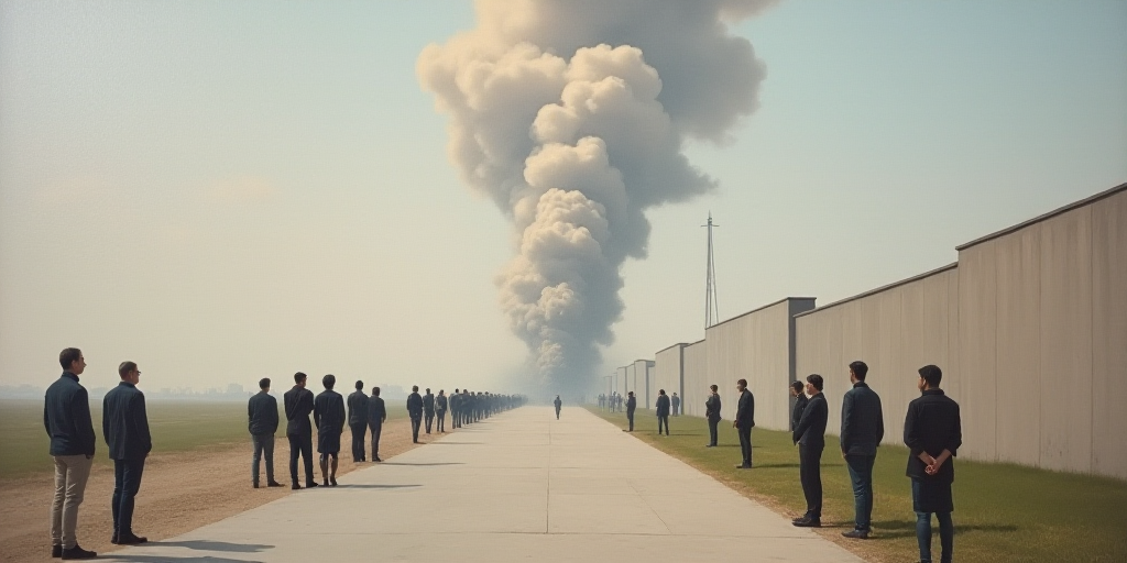 a group of people standing on a road next to a wall with a large plume of smoke coming out of it, An