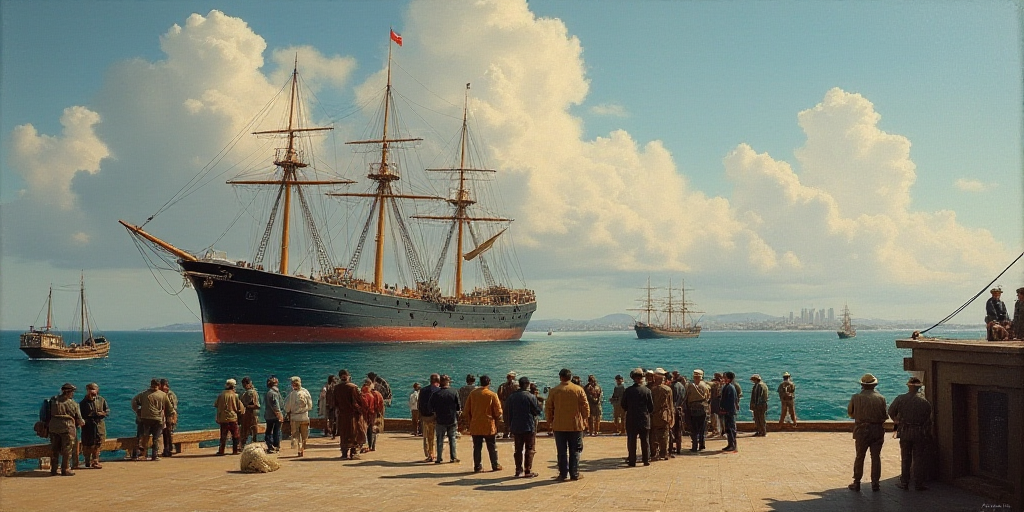 a group of people standing on a boat deck with a large ship in the background and several smaller on