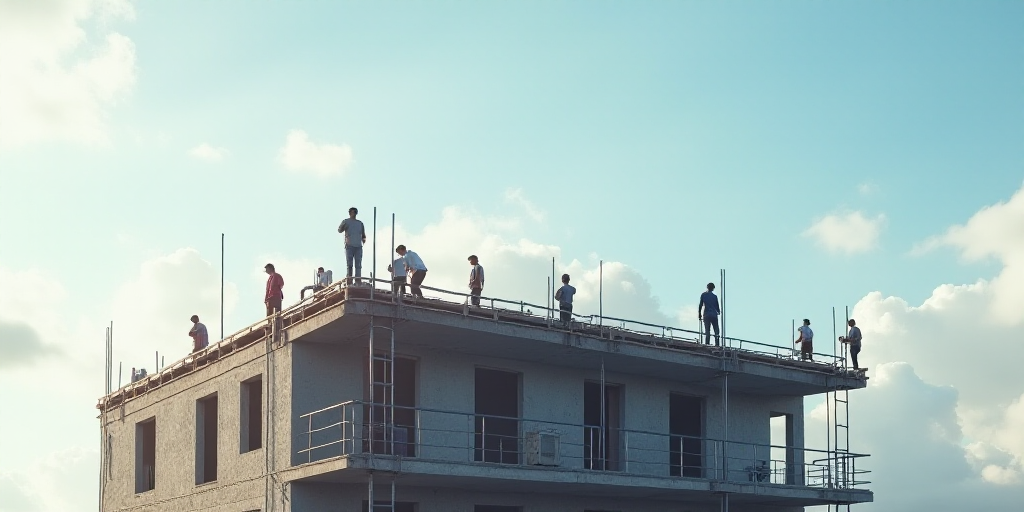 a group of people standing on top of a building under construction with a sky background and a few p