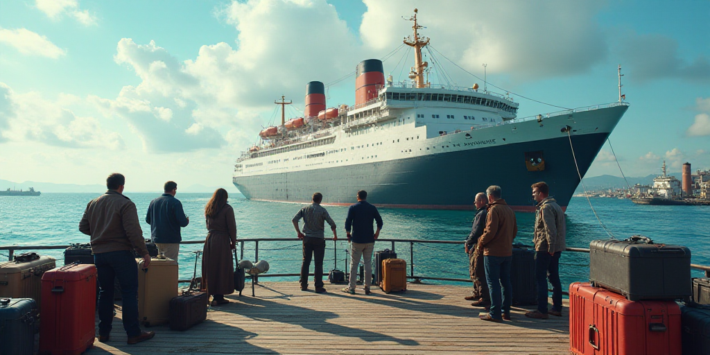 a group of people standing on a boat deck with luggage on the ground and a large ship in the backgro