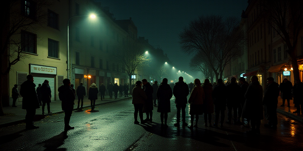 a group of people standing on a street at night with a building in the background and a sign on the