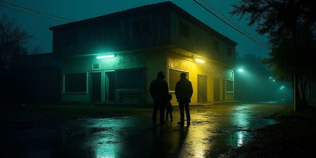 a group of people standing outside of a building in the rain at night time, with a flooded street, E
