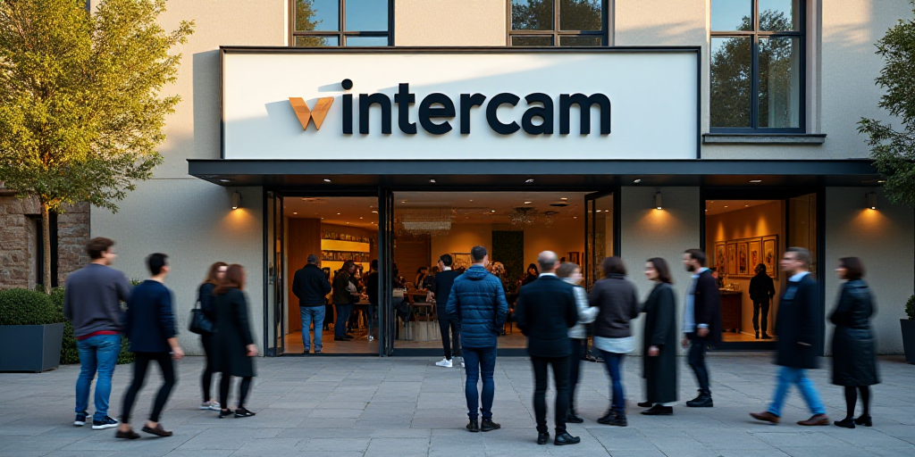 a group of people standing outside of a building with a sign in the background that says intercam co