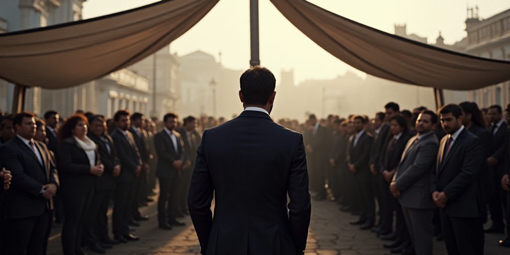 a group of people standing under a tent with a crowd of people behind them and a man in a suit, Carl