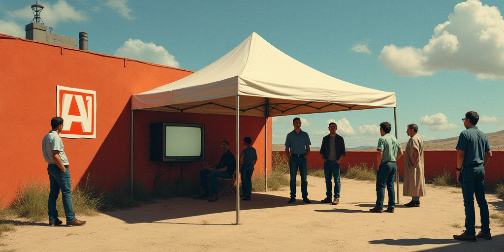 a group of people standing under a tent next to a wall with a logo on it and a tv on the wall, Dahlo