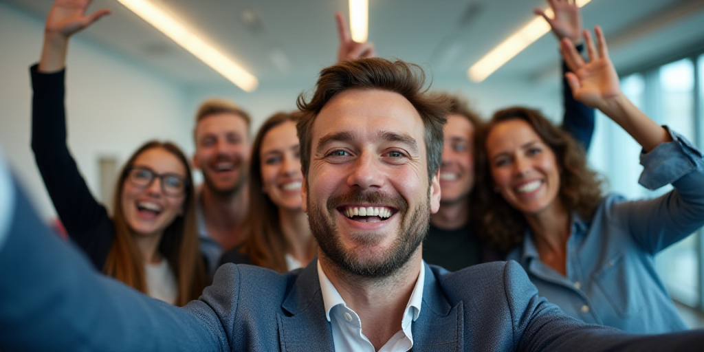 a group of people taking a picture together in an office building with their hands up in the air and
