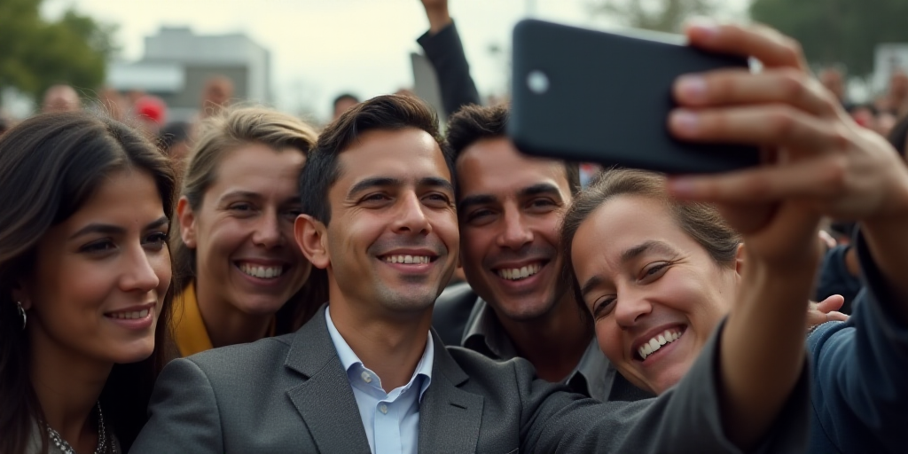a group of people taking a picture with a cell phone in front of them with a crowd of people behind