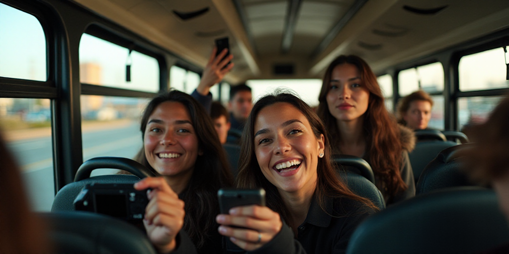 a group of people taking a picture on a bus with a camera and a phone in their hands,, Araceli Gilbe