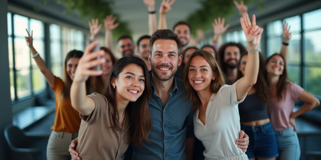a group of people taking a picture together in an office building with their hands up in the air and