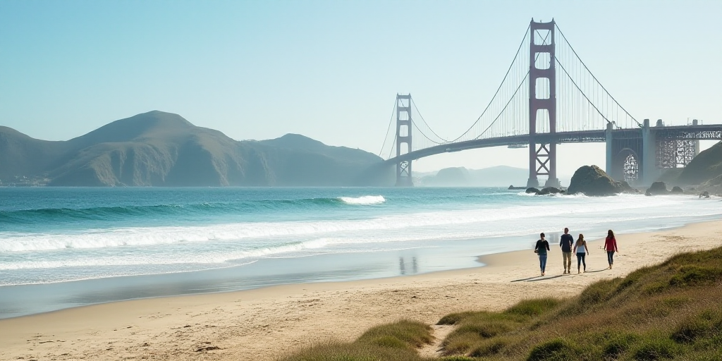 a group of people walking along a beach next to the ocean with a bridge in the background on a sunny