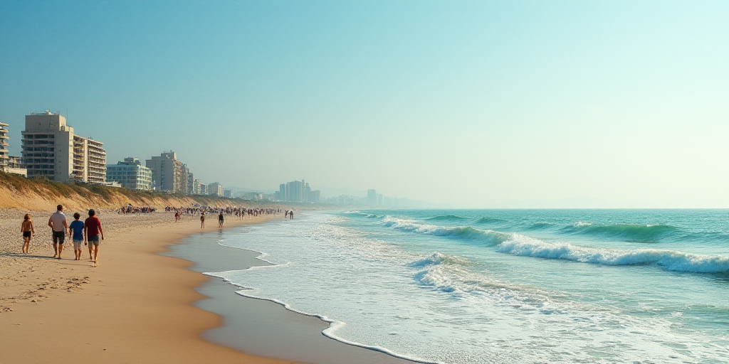 a group of people walking along a beach next to the ocean with buildings in the background and a few
