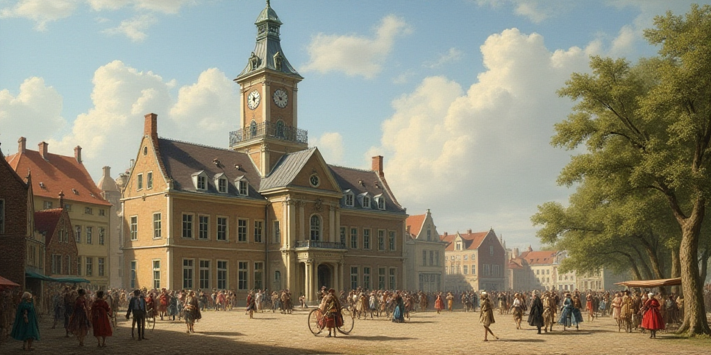 a group of people walking and riding bikes in front of a building with a clock tower on top of it, E