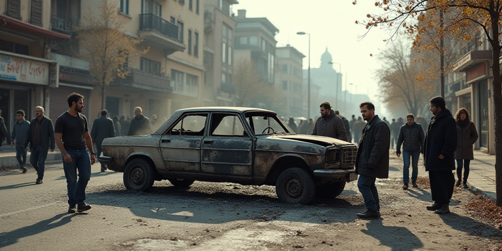 a group of people walking around a burnt out car in a city street with a building in the background,