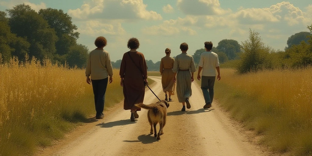 a group of people walking down a dirt road with a dog on a leash in front of them and a dog on the o