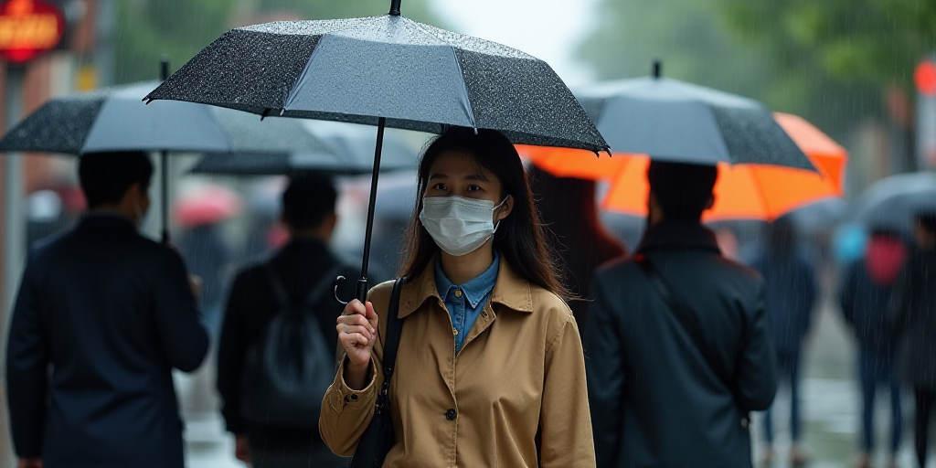 a group of people walking down a street holding umbrellas in the rain, with a person wearing a face