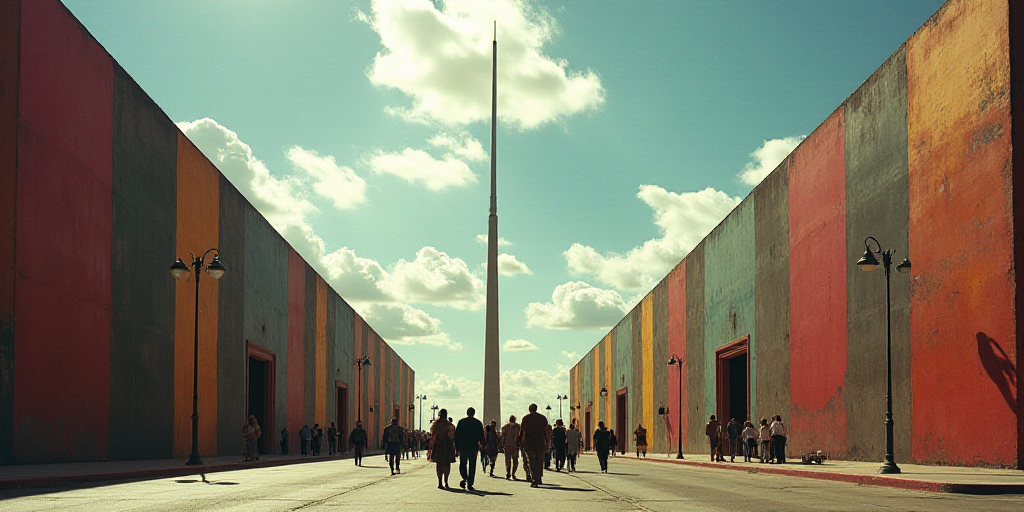 a group of people walking down a street next to tall buildings and a flag pole in the background wit