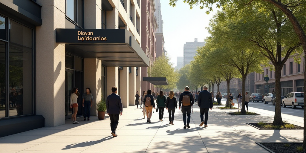 a group of people walking down a sidewalk next to a building with a sign that says melbourne square