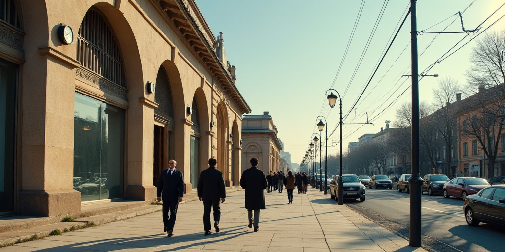 a group of people walking down a sidewalk next to a building with a clock on it's side, David Diao,