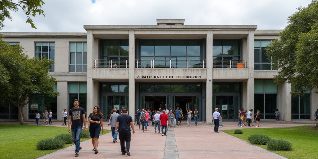 a group of people walking in front of a building with a sign on it that says university of technolog