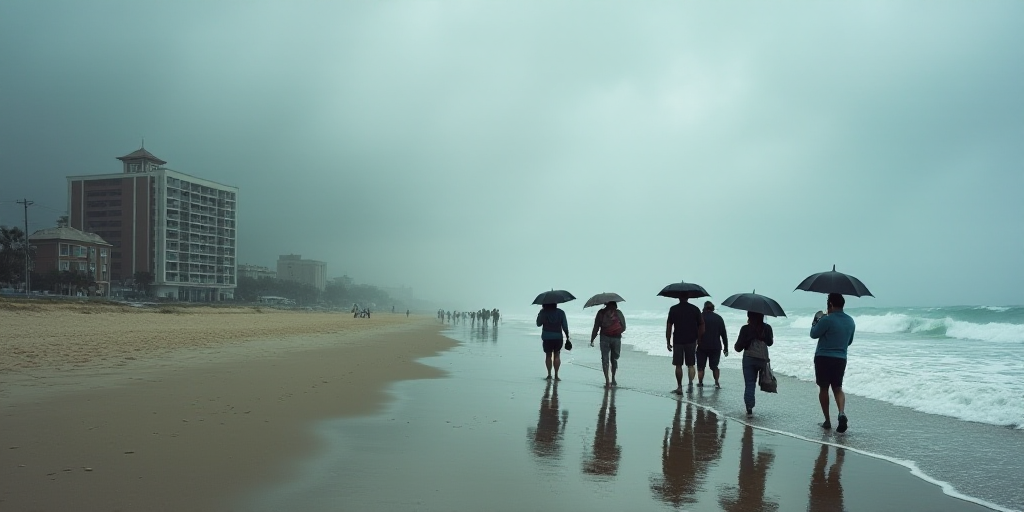 a group of people walking on a wet beach with umbrellas in the rain and a building in the background