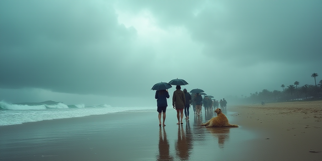 a group of people walking on a beach with umbrellas in the rain and a dog laying on the ground, Feli