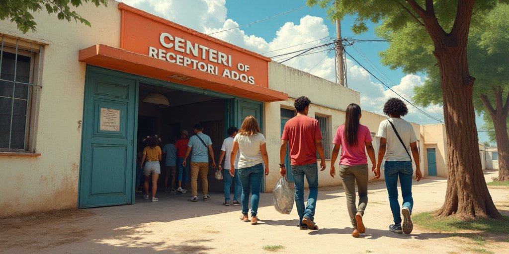 a group of people walking out of a building with a sign on it that says center of receptorados, Arac