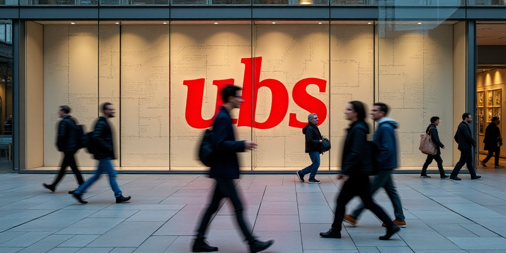 a group of people walking past a ubs sign on a building's glass wall with a red ubs logo, Alberto Su