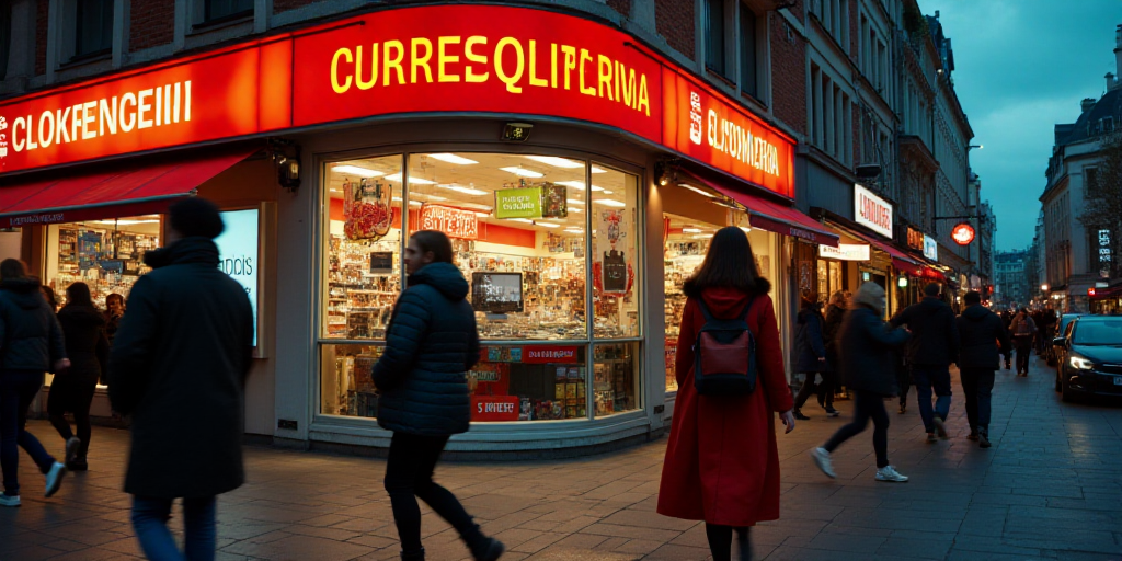 a group of people walking past a sign for a store that sells computer equipment and electronics, and
