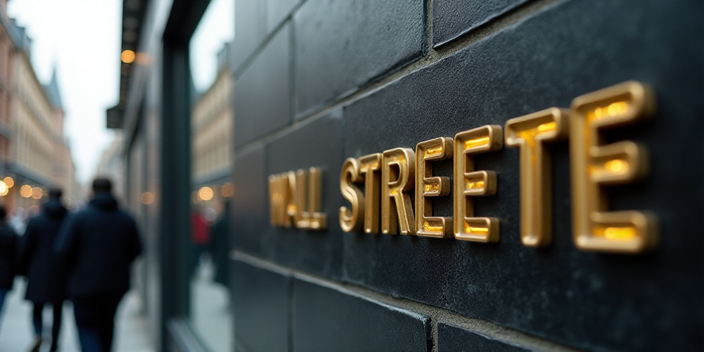 a group of people walking past a wall street sign on a building with a gold lettering on it's side,
