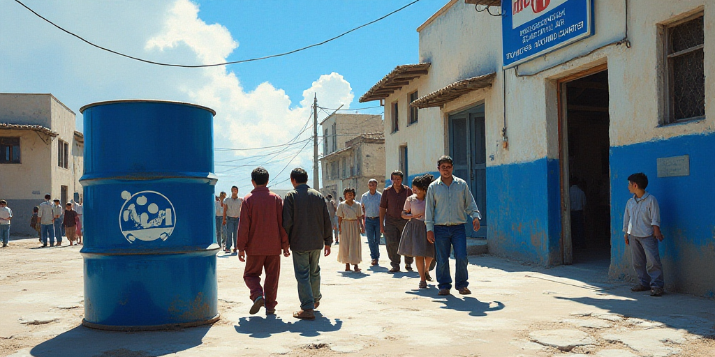 a group of people walking past a blue barrel with a white logo on it and a blue and white sign, Dahl