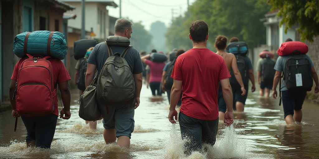 a group of people walking through a flooded street with luggage on their backs and a man in a red sh