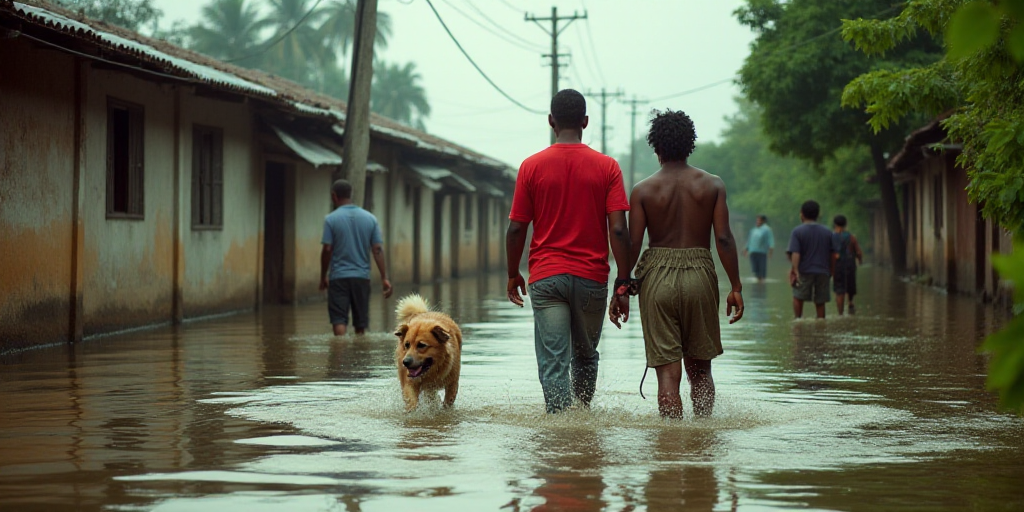 a group of people walking through a flooded street with a dog in the water and a man in a red shirt,