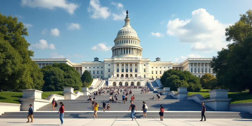 a group of people walking up steps to the capitol building in washington, dc, usa, on a sunny day, A