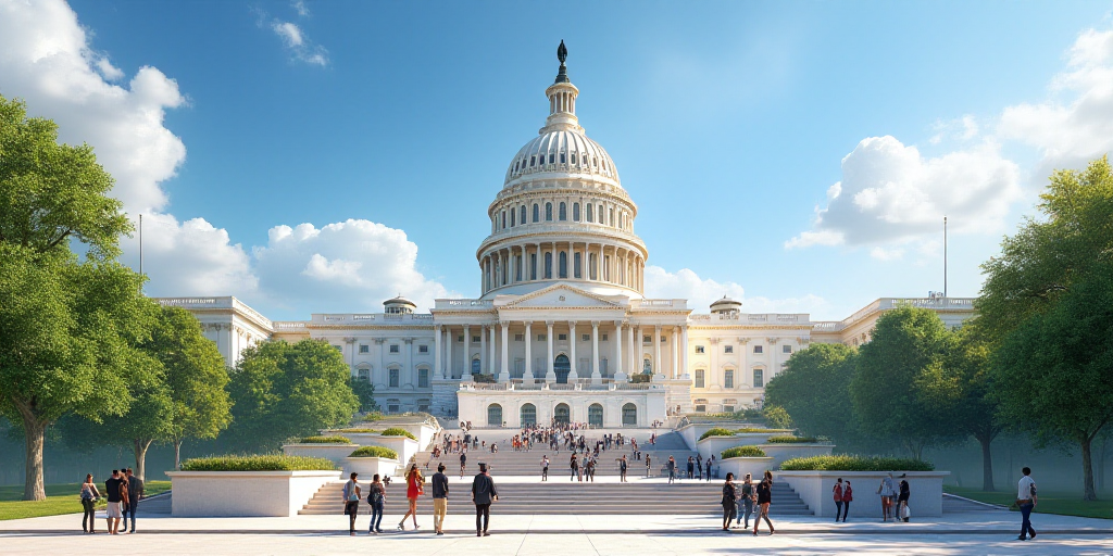 a group of people walking up steps to the capitol building in washington, dc, usa, on a sunny day, A