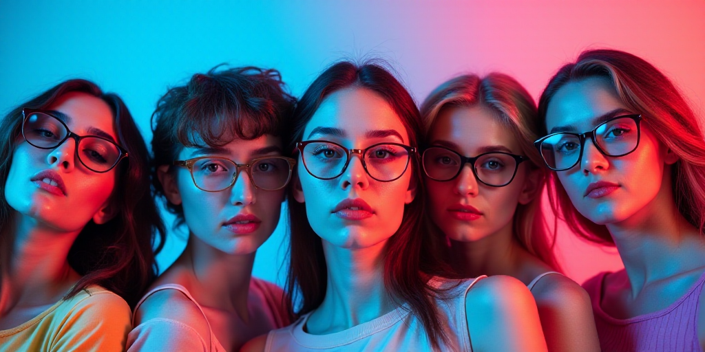 a group of people with glasses on their faces in a multicolored photo with a blue background and a p