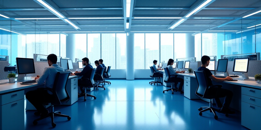 a group of people working at desks in an office building with blue and white walls and flooring, Eng