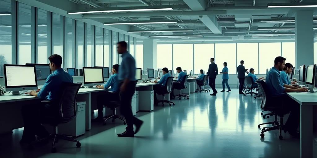 a group of people working at desks in an office setting with computers and people walking around the