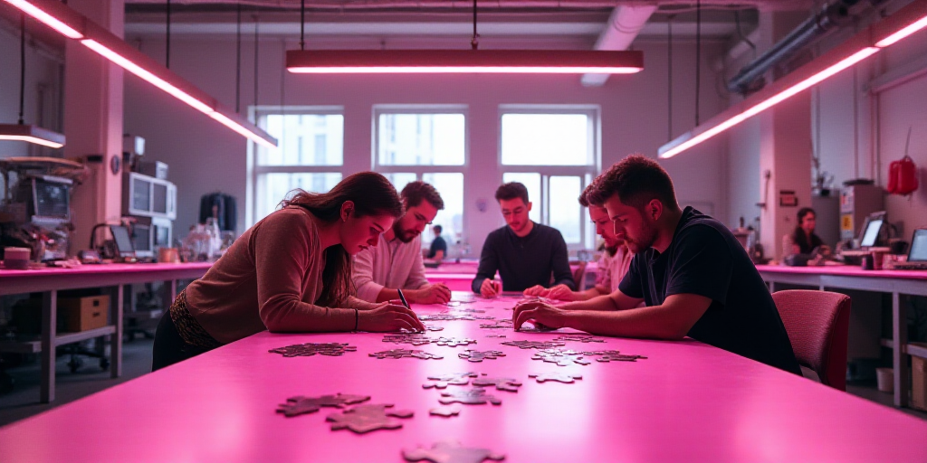 a group of people working on a project together in a factory or workshop with a pink table and a pin