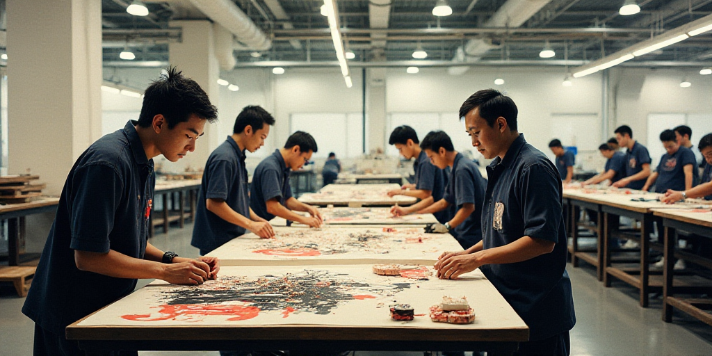 a group of people working on a project in a factory with workers in the background working on the pr