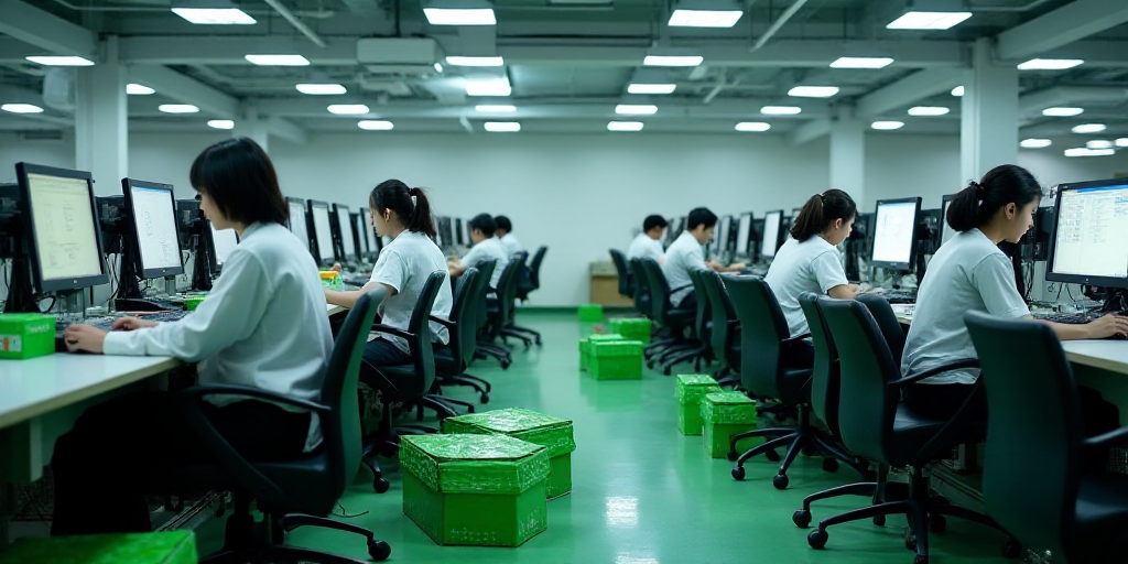 a group of people working on computers in a factory with boxes of green items on the floor and on th